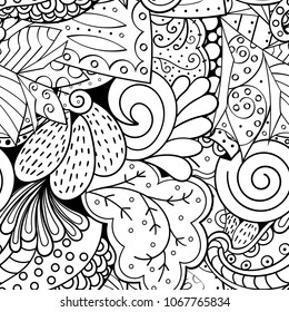 Tracery seamless pattern. Mehndi design. Ethnic monochrome binary doodle texture. Curved doodling black and white background. Vector