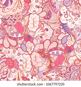 Tracery seamless pattern. Mehndi design. Ethnic colorful doodle texture. Curved doodling background. Vector
