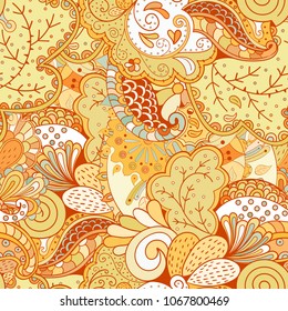 Tracery seamless pattern. Mehndi design. Ethnic colorful doodle texture. Curved doodling background. Vector