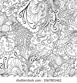 Tracery seamless pattern. Mehndi design. Ethnic monochrome binary doodle texture. Curved doodling black and white background. Vector
