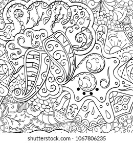 Tracery seamless pattern. Mehndi design. Ethnic monochrome binary doodle texture. Curved doodling black and white background. Vector