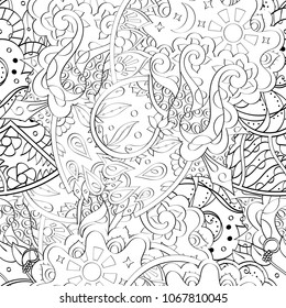 Tracery seamless pattern. Mehndi design. Ethnic monochrome binary doodle texture. Curved doodling black and white background. Vector