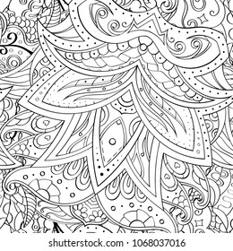 Tracery seamless pattern. Mehndi design. Ethnic monochrome binary doodle texture. Curved doodling black and white background. Vector