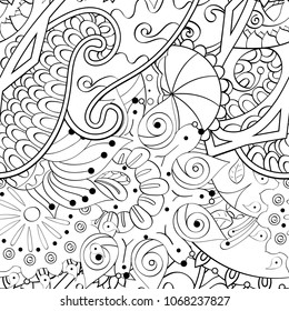 Tracery seamless pattern. Mehndi design. Ethnic monochrome binary doodle texture. Curved doodling black and white background. Vector