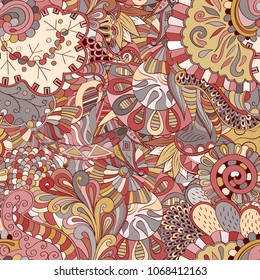 Tracery seamless pattern. Mehndi design. Ethnic colorful doodle texture. Curved doodling background. Vector