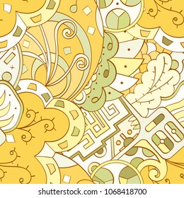 Tracery seamless pattern. Mehndi design. Ethnic colorful doodle texture. Curved doodling background. Vector