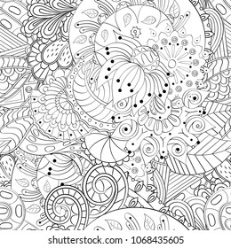 Tracery seamless pattern. Mehndi design. Ethnic monochrome binary doodle texture. Curved doodling black and white background. Vector