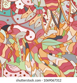 Tracery seamless pattern. Mehndi design. Ethnic colorful doodle texture. Curved doodling background. Vector