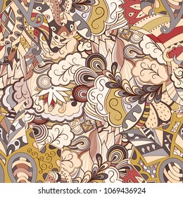 Tracery seamless pattern. Mehndi design. Ethnic colorful doodle texture. Curved doodling background. Vector
