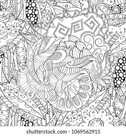 Tracery seamless pattern. Mehndi design. Ethnic monochrome binary doodle texture. Curved doodling black and white background. Vector