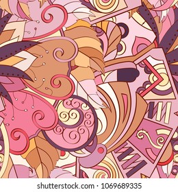 Tracery seamless pattern. Mehndi design. Ethnic colorful doodle texture. Curved doodling background. Vector