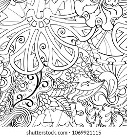 Tracery seamless pattern. Mehndi design. Ethnic monochrome binary doodle texture. Curved doodling black and white background. Vector