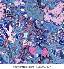 Tracery seamless pattern. Mehndi design. Ethnic colorful doodle texture. Curved doodling background. Vector