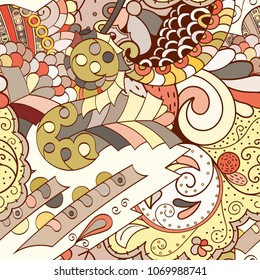 Tracery seamless pattern. Mehndi design. Ethnic colorful doodle texture. Curved doodling background. Vector
