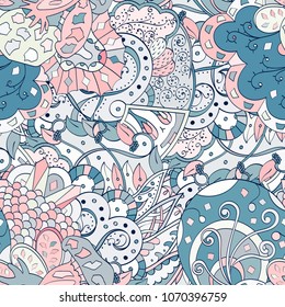 Tracery seamless pattern. Mehndi design. Ethnic colorful doodle texture. Curved doodling background. Vector