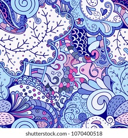 Tracery seamless pattern. Mehndi design. Ethnic colorful doodle texture. Curved doodling background. Vector