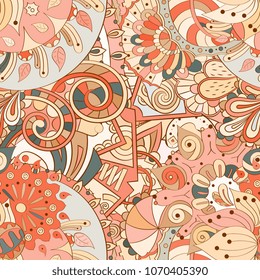 Tracery seamless pattern. Mehndi design. Ethnic colorful doodle texture. Curved doodling background. Vector