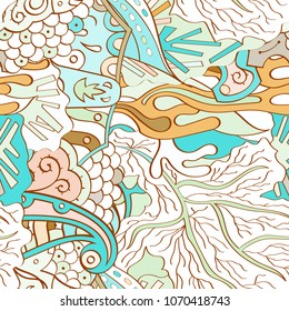 Tracery seamless pattern. Mehndi design. Ethnic colorful doodle texture. Curved doodling background. Vector
