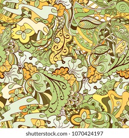 Tracery seamless pattern. Mehndi design. Ethnic colorful doodle texture. Curved doodling background. Vector