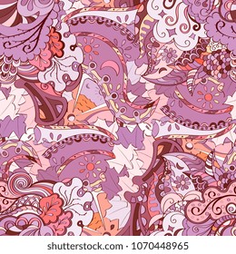 Tracery seamless pattern. Mehndi design. Ethnic colorful doodle texture. Curved doodling background. Vector