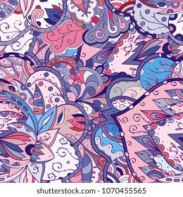 Tracery seamless pattern. Mehndi design. Ethnic colorful doodle texture. Curved doodling background. Vector