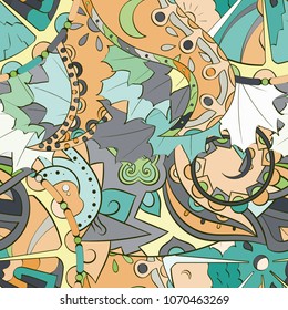 Tracery seamless pattern. Mehndi design. Ethnic colorful doodle texture. Curved doodling background. Vector