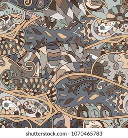 Tracery seamless pattern. Mehndi design. Ethnic colorful doodle texture. Curved doodling background. Vector