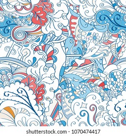 Tracery seamless pattern. Mehndi design. Ethnic colorful doodle texture. Curved doodling background. Vector