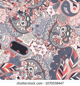 Tracery seamless pattern. Mehndi design. Ethnic colorful doodle texture. Curved doodling background. Vector