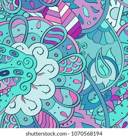 Tracery seamless pattern. Mehndi design. Ethnic colorful doodle texture. Curved doodling background. Vector