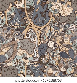 Tracery seamless pattern. Mehndi design. Ethnic colorful doodle texture. Curved doodling background. Vector