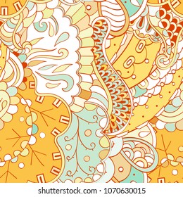 Tracery seamless pattern. Mehndi design. Ethnic colorful doodle texture. Curved doodling background. Vector