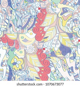 Tracery seamless pattern. Mehndi design. Ethnic colorful doodle texture. Curved doodling background. Vector