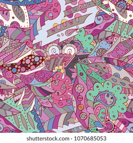 Tracery seamless pattern. Mehndi design. Ethnic colorful doodle texture. Curved doodling background. Vector
