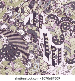 Tracery seamless pattern. Mehndi design. Ethnic colorful doodle texture. Curved doodling background. Vector