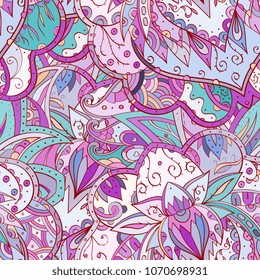 Tracery seamless pattern. Mehndi design. Ethnic colorful doodle texture. Curved doodling background. Vector