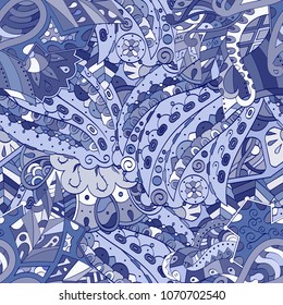 Tracery seamless pattern. Mehndi design. Ethnic colorful doodle texture. Curved doodling background. Vector