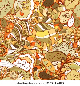 Tracery seamless pattern. Mehndi design. Ethnic colorful doodle texture. Curved doodling background. Vector