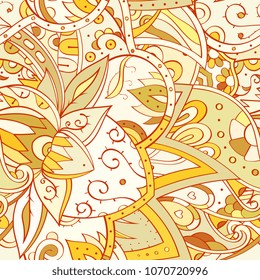 Tracery seamless pattern. Mehndi design. Ethnic colorful doodle texture. Curved doodling background. Vector