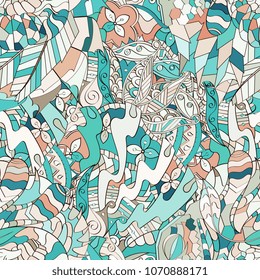 Tracery seamless pattern. Mehndi design. Ethnic colorful doodle texture. Curved doodling background. Vector