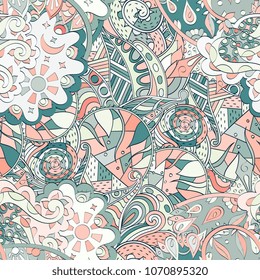 Tracery seamless pattern. Mehndi design. Ethnic colorful doodle texture. Curved doodling background. Vector