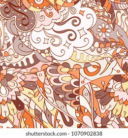 Tracery seamless pattern. Mehndi design. Ethnic colorful doodle texture. Curved doodling background. Vector