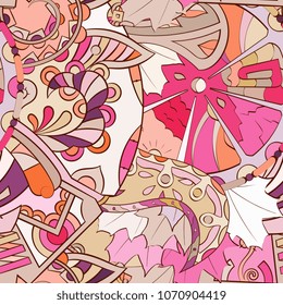 Tracery seamless pattern. Mehndi design. Ethnic colorful doodle texture. Curved doodling background. Vector