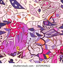 Tracery seamless pattern. Mehndi design. Ethnic colorful doodle texture. Curved doodling background. Vector