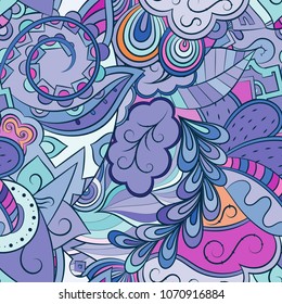 Tracery seamless pattern. Mehndi design. Ethnic colorful doodle texture. Curved doodling background. Vector