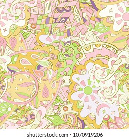 Tracery seamless pattern. Mehndi design. Ethnic colorful doodle texture. Curved doodling background. Vector
