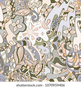 Tracery seamless pattern. Mehndi design. Ethnic colorful doodle texture. Curved doodling background. Vector