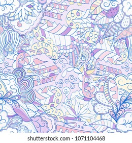 Tracery seamless pattern. Mehndi design. Ethnic colorful doodle texture. Curved doodling background. Vector
