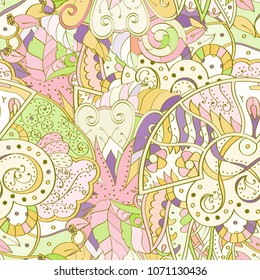 Tracery seamless pattern. Mehndi design. Ethnic colorful doodle texture. Curved doodling background. Vector