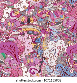 Tracery seamless pattern. Mehndi design. Ethnic colorful doodle texture. Curved doodling background. Vector